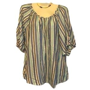 NWT Spence Striped Blue White & Aqua Tunic Top Size Medium Round Neck 3/4 Sleeve